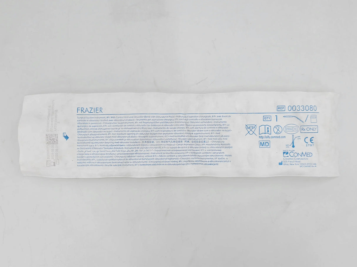 ConMed 0033080 Frazier Suction Tube 8Fr. w/ Control Vent & Obturator (Bend w/ Obturator in Place) 1/EA ConMed