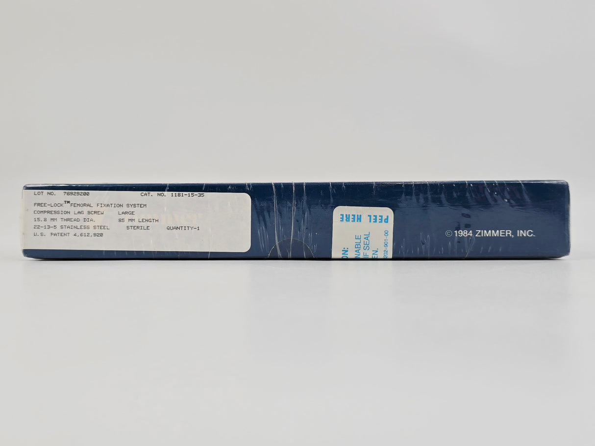 Zimmer Biomet 1181-15-35 Free-Lock Femoral Fixation System Compression Lag Screw Large 15.8mm 85mm Length BX/1