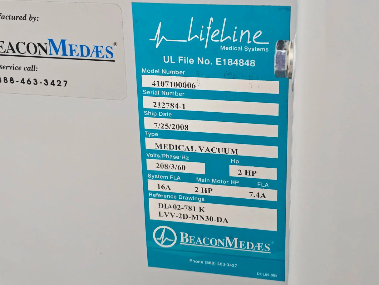 Beacon Medaes Medical Vacuum Pump System Duplex Oil-Less 208V Hospital Suction Primis Medical