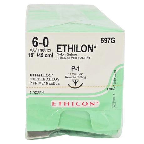 Ethicon 697G Nylon Suture - Size 3-0, 18" Black Monofilament, Nonabsorbable (Box of 12) Primis Medical