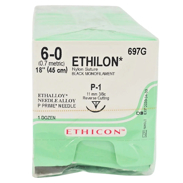 Ethicon 697G Nylon Suture - Size 3-0, 18" Black Monofilament, Nonabsorbable (Box of 12) Primis Medical