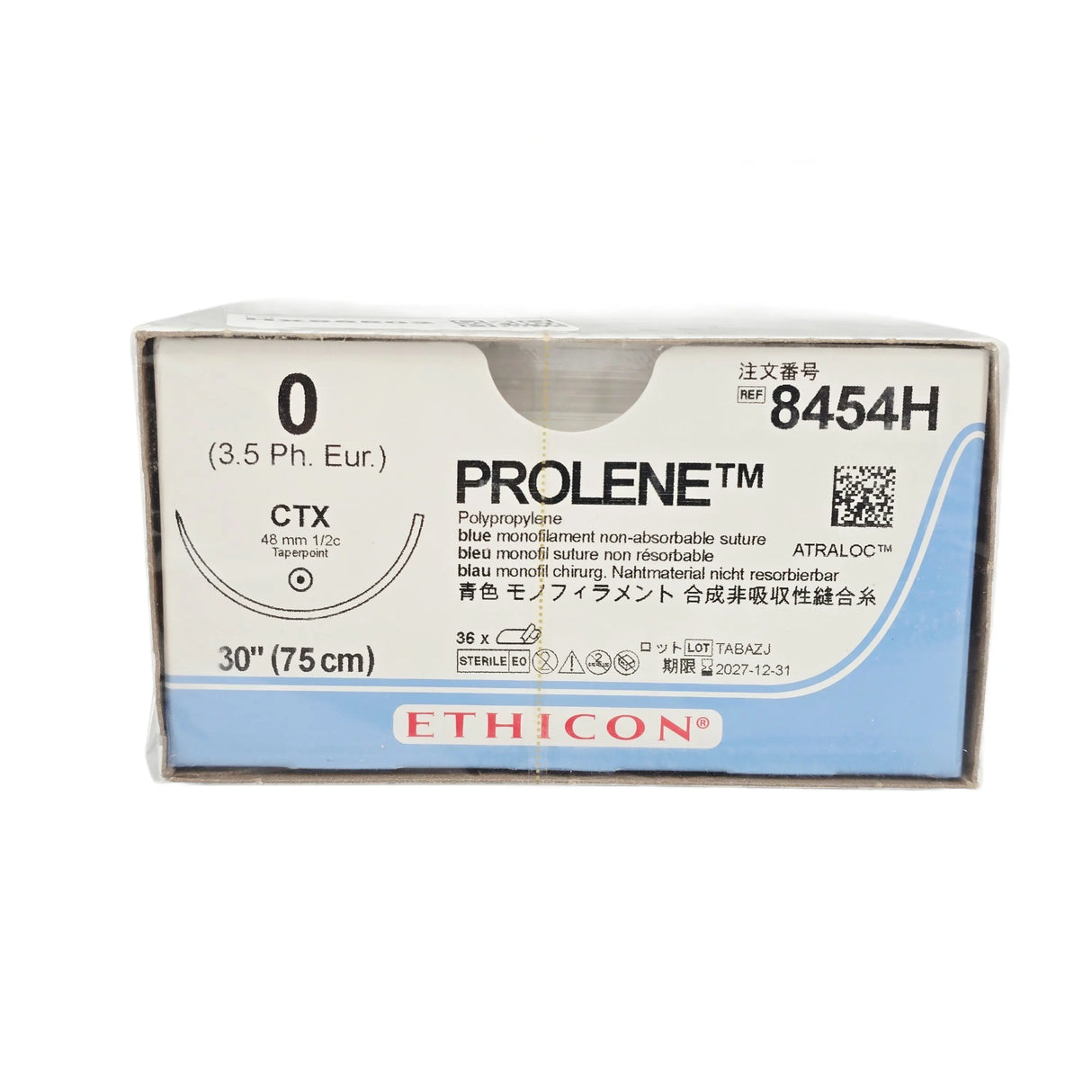 Ethicon 8454H PROLENE Blue Monofilament Non-Absorbable Suture Size 0 with CTX Needle – Box of 36 Ethicon