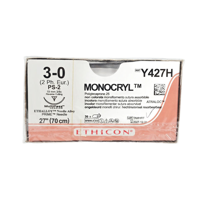 Ethicon Y427H MONOCRYL Undyed Monofilament Absorbable Suture Size 3-0 with PS-2 Needle – Box of 36 Ethicon