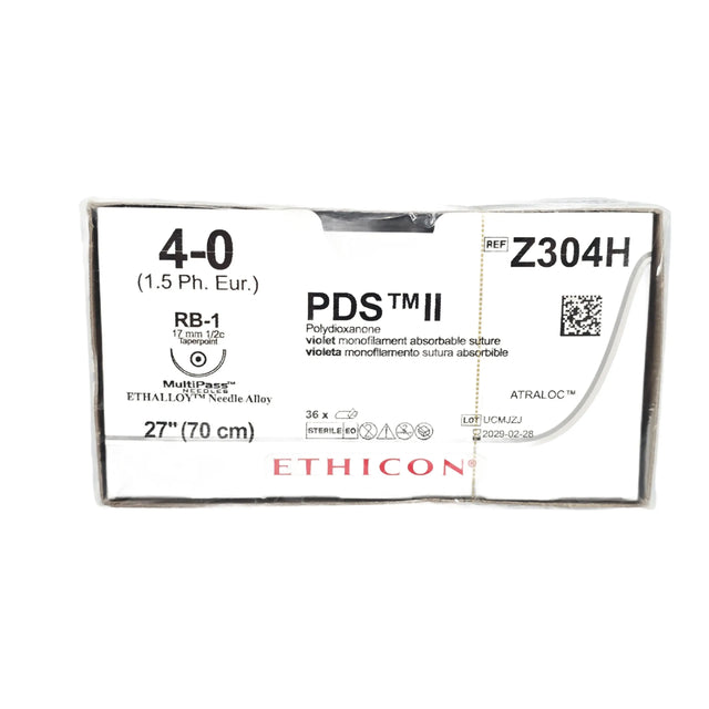 Ethicon Z304H PDS II Violet Monofilament Absorbable Suture Size 4-0 with RB-1 Needle – Box of 36 Ethicon