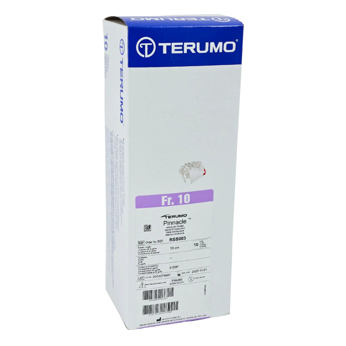 Terumo RSS003 Pinnacle Peripheral Femoral Access Introducer Sheath 10Fr x 10cm – Box of 10 Terumo Medical Corp.