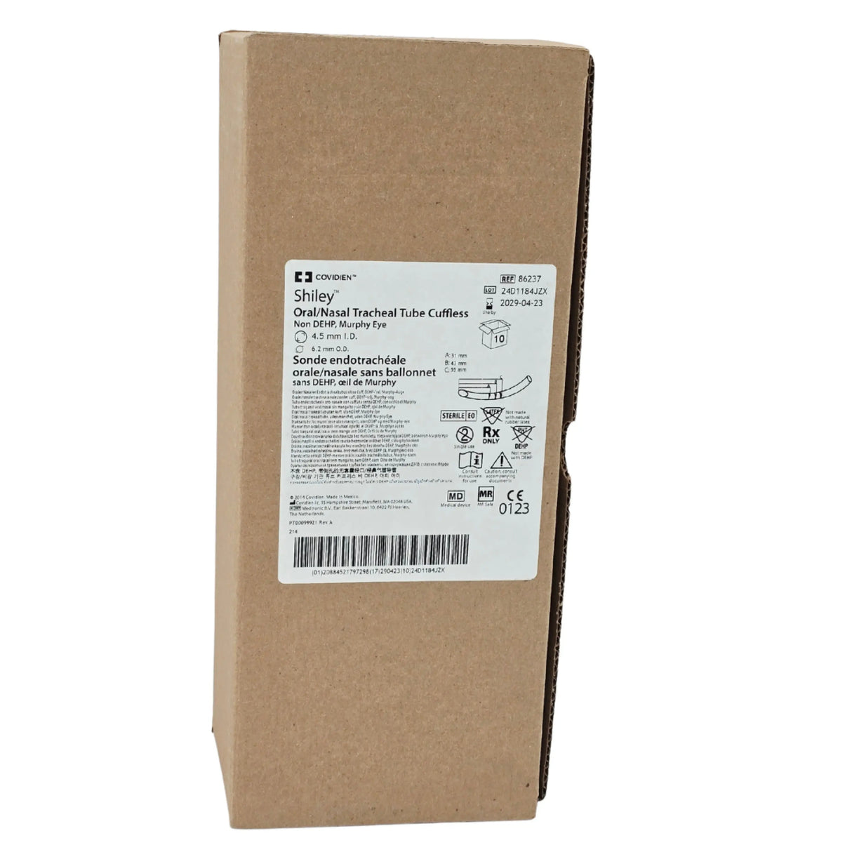 Covidien Shiley 86237 Cuffless Pediatric Oral/Nasal 4.5mm Endotracheal Tube – Box of 10 New Covidien