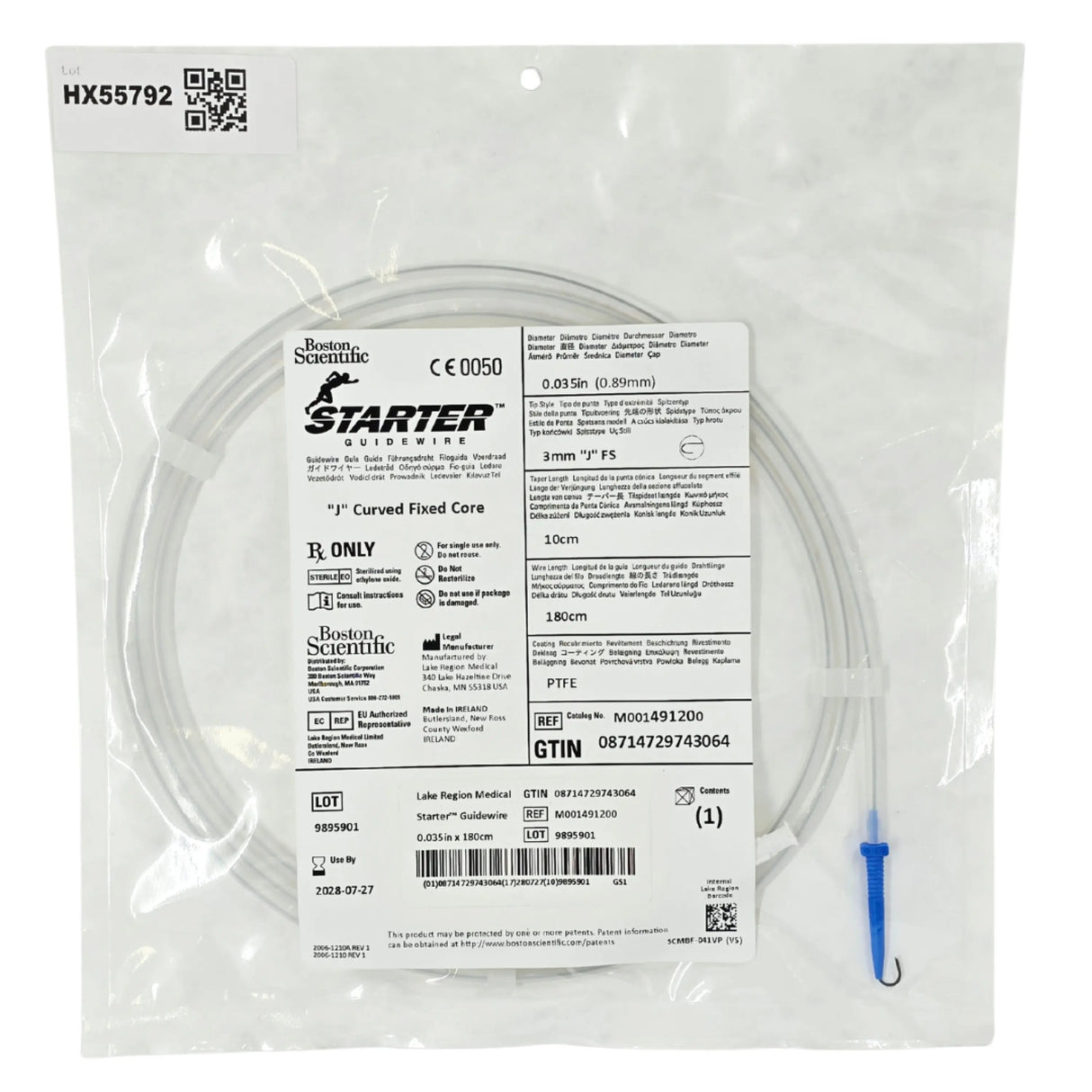 Boston Scientific M001491201 Starter Guidewire 0.035" x 180cm 3mm J-Tip Fixed Core PTFE Box of 5 Boston Scientific