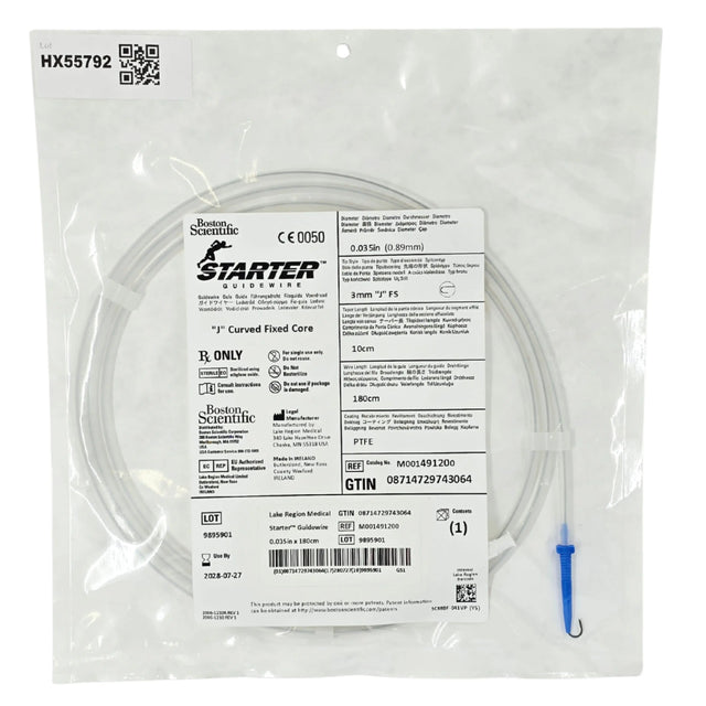 Boston Scientific M001491201 Starter Guidewire 0.035" x 180cm 3mm J-Tip Fixed Core PTFE Box of 5 Boston Scientific