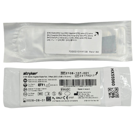 Stryker 2108-107-001 Heavy Duty Sagittal Saw Blade Fan Offset 29mm x 73mm x 0.89mm – New Stryker