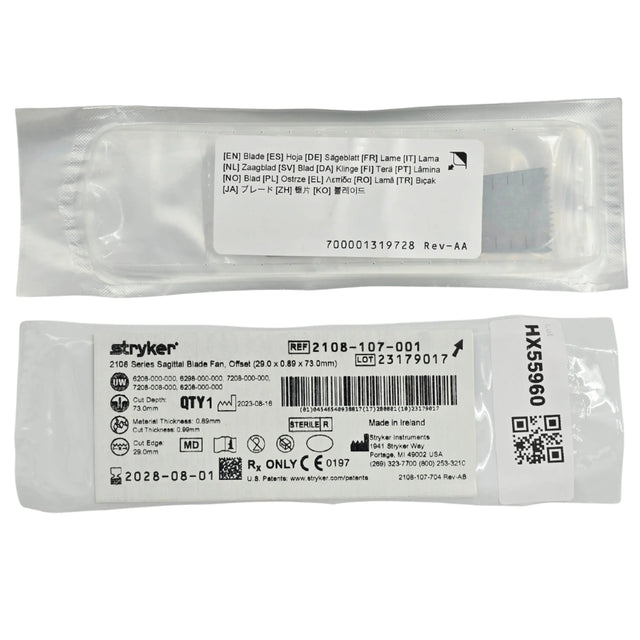 Stryker 2108-107-001 Heavy Duty Sagittal Saw Blade Fan Offset 29mm x 73mm x 0.89mm – New Stryker