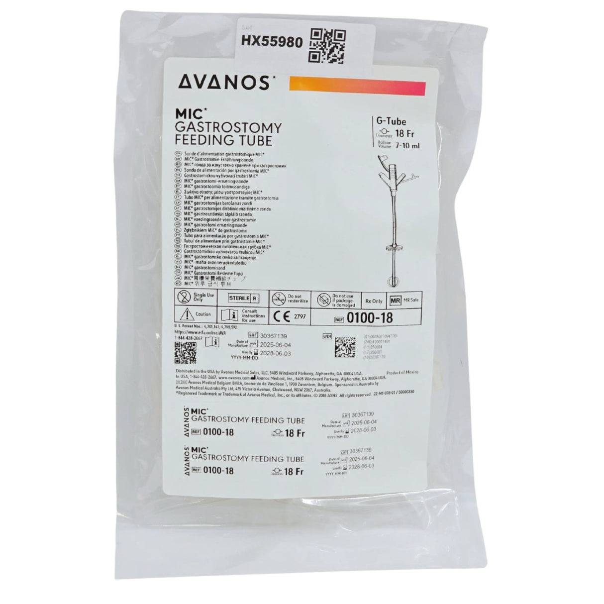 Avanos Medical 0100-18 MIC Gastrostomy Feeding Tube 18Fr 7–10mL Balloon – New Avanos