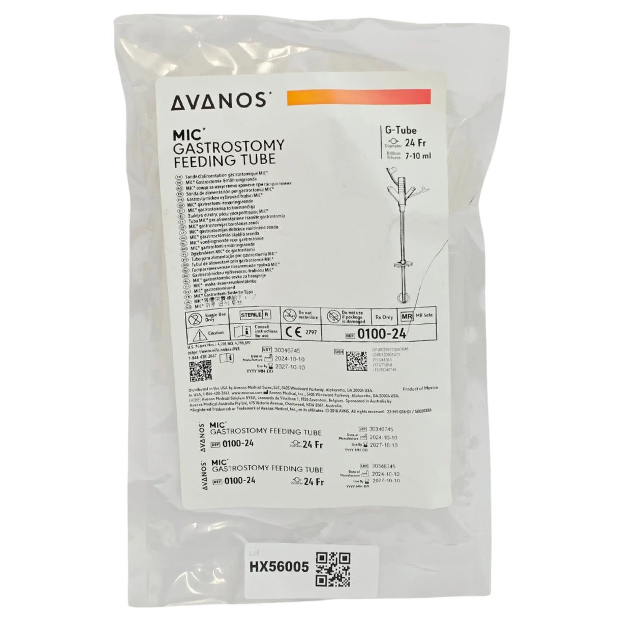Avanos Medical 94784 MIC Gastrostomy Feeding Tube 24Fr 7–10mL Balloon 1/EA – New Avanos