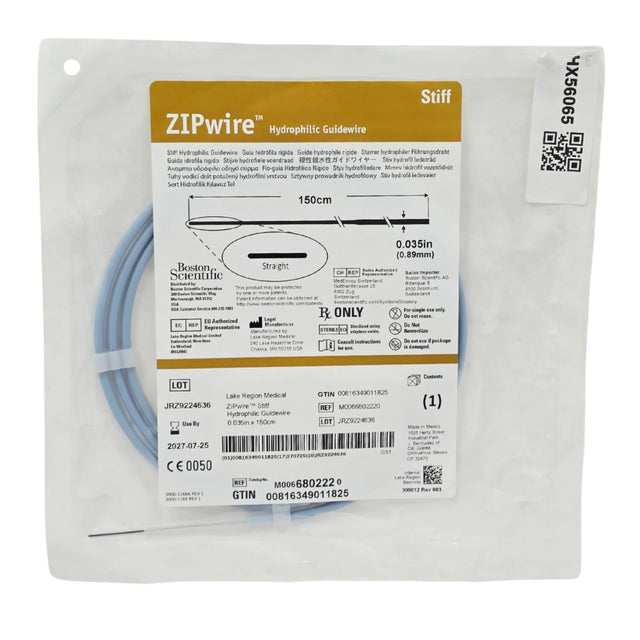 Lake Region Medical M0066802220 ZIPwire Hydrophilic Urological Guidewire 0.035" x 150cm Straight Stiff 1/EA - New Lake Region Medical