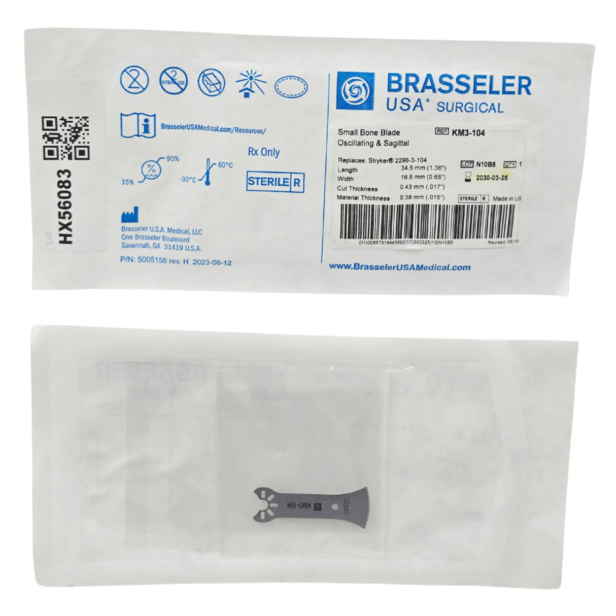 Brasseler USA KM3-104 Small Bone Oscillating Saw Blade 34.5mm x 16.5mm (Stryker Compatible) 1/EA - New Brasseler USA
