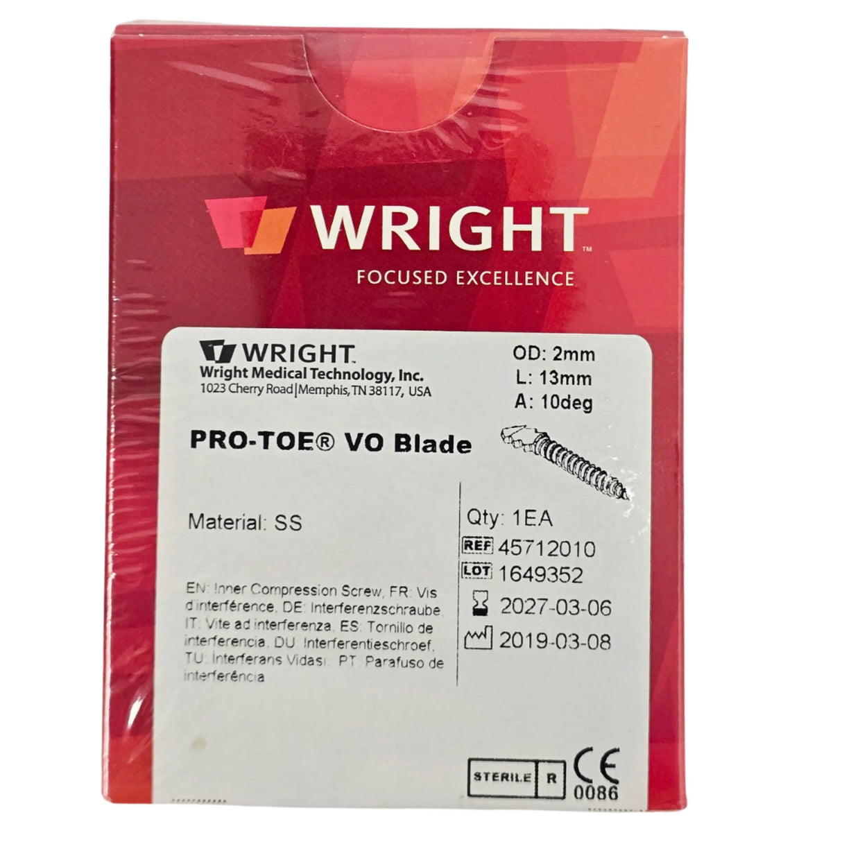 Wright Medical 45712010 Pro-Toe VO Hammertoe Fixation Component 2.0 mm x 13 mm (10° Angle) - New Wright Medical