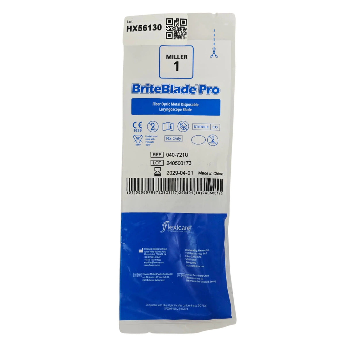 Flexicare 040-721U BriteBlade Pro Miller 1 Fiber Optic Laryngoscope Blade - New Flexicare