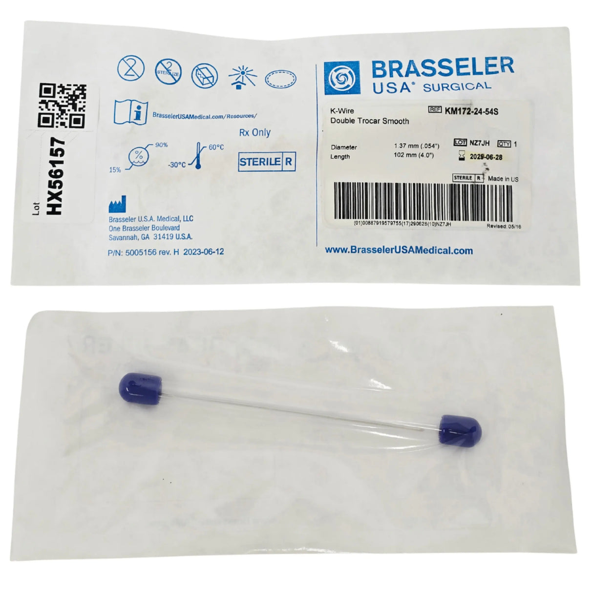 Brasseler KM172-24-54S Smooth Kirschner Wire Double Trocar 0.054 Inch x 4.0 Inch - New Brasseler