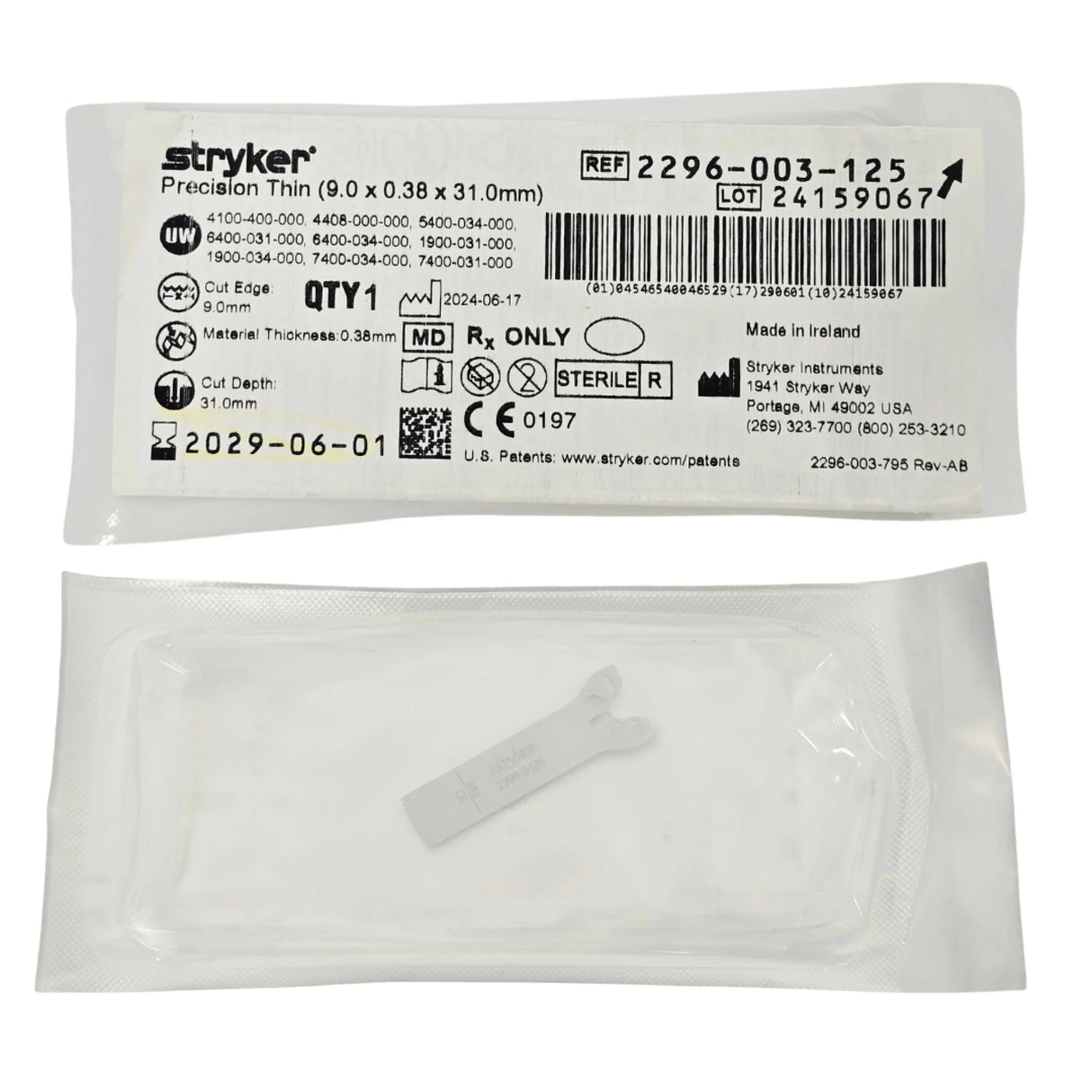 Stryker 2296-003-125 Precision Thin Sagittal Saw Blade Medium Long 31 mm x 9 mm x 0.38 mm - New Stryker