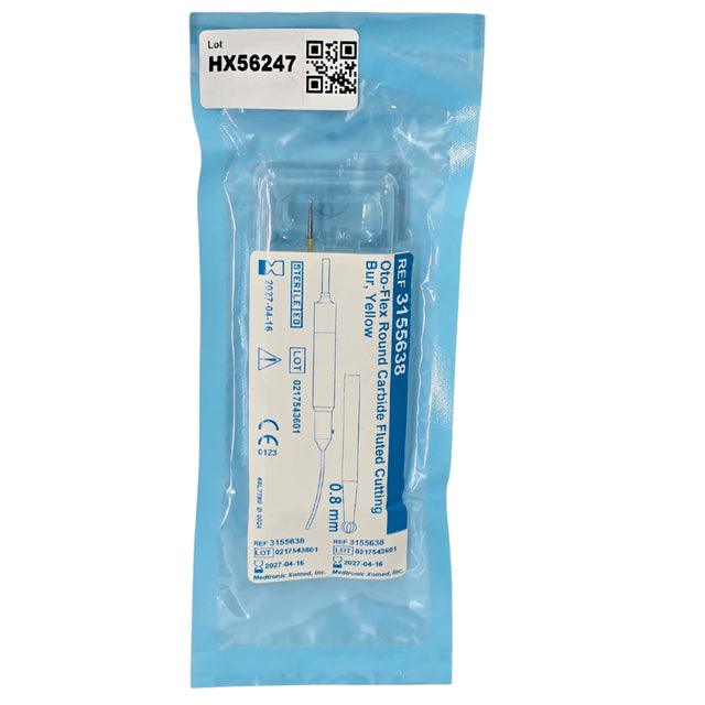Medtronic Xomed 3155638 Oto-Flex Skeeter Round Carbide Fluted Bur 0.8 mm Yellow - New Medtronic