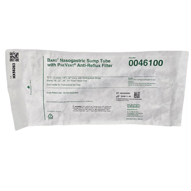 Bard BD 0046100 Nasogastric Sump Tube with PreVent Anti-Reflux Filter 10 Fr 36 in - New Bard