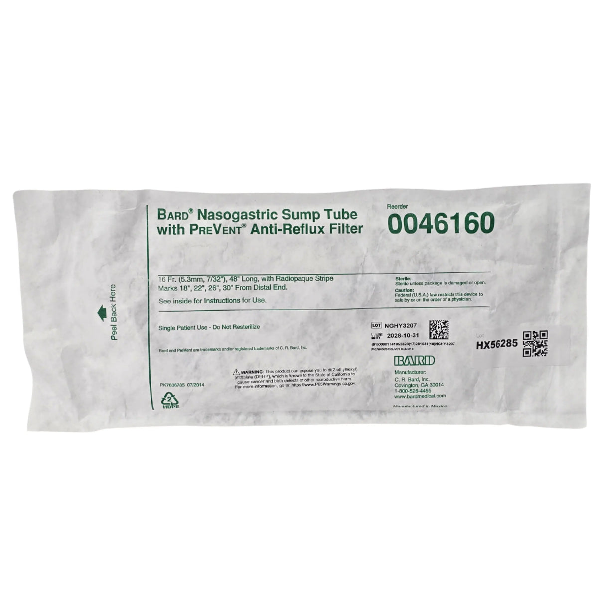 Bard 0046160 PreVent Anti-Reflux Nasogastric Sump Tube 16 Fr x 48 in - New Bard