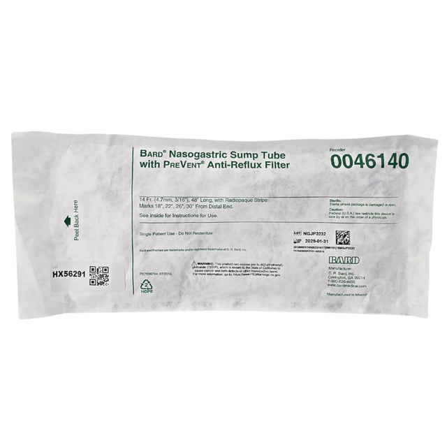 Bard 0046140 PreVent Anti-Reflux Nasogastric Sump Tube 14 Fr x 48 in - New Bard