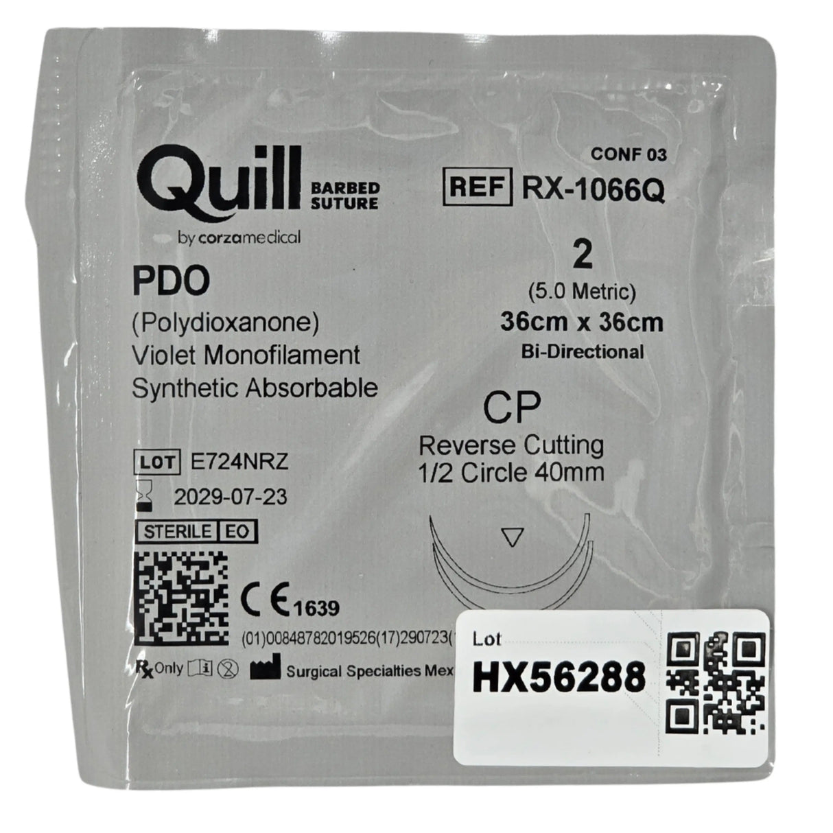 Surgical Specialties RX-1066Q Quill Barbed PDO Suture Size 2 Bi-Directional 36 cm x 36 cm CP Needle - 1/EA - New Surgical Specialties