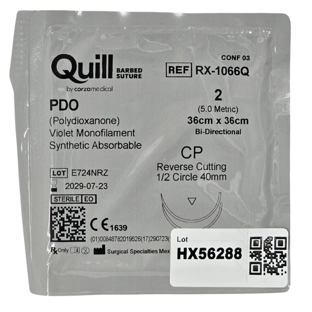 Surgical Specialties RX-1066Q Quill Barbed PDO Suture Size 2 Bi-Directional 36 cm x 36 cm CP Needle - 1/EA - New Surgical Specialties