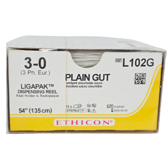 Ethicon L102G Ligapak Plain Gut Surgical Suture Reel Size 3-0 Natural 30 in - Box of 12 - New Ethicon