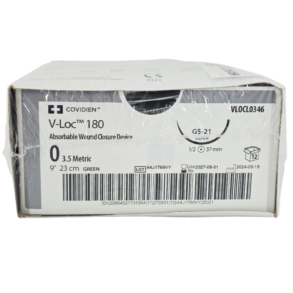 Covidien VLOCL0346 V-Loc 180 Absorbable Wound Closure Device Size 3-0 Green 18 in V-20 Needle - Box of 12 - New Covidien