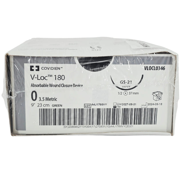 Covidien VLOCL0346 V-Loc 180 Absorbable Wound Closure Device Size 3-0 Green 18 in V-20 Needle - Box of 12 - New Covidien