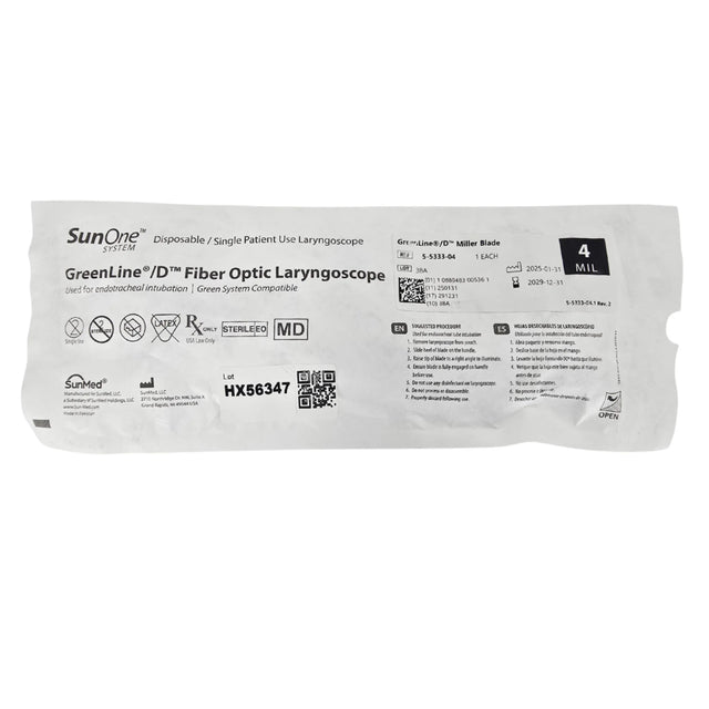 SunMed SunOne 5-5333-04 GreenLine Disposable Fiber Optic Laryngoscope Blade, Miller Size 4 - New / Sterile SunMed