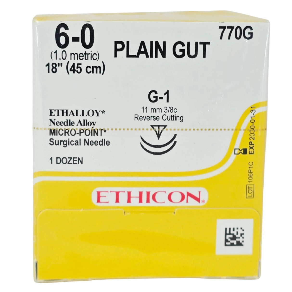 Ethicon 770G Plain Gut Suture, 6-0, 18" (45 cm), MICROPOINT G-1 Double-Armed Needles - New / Sterile Ethicon