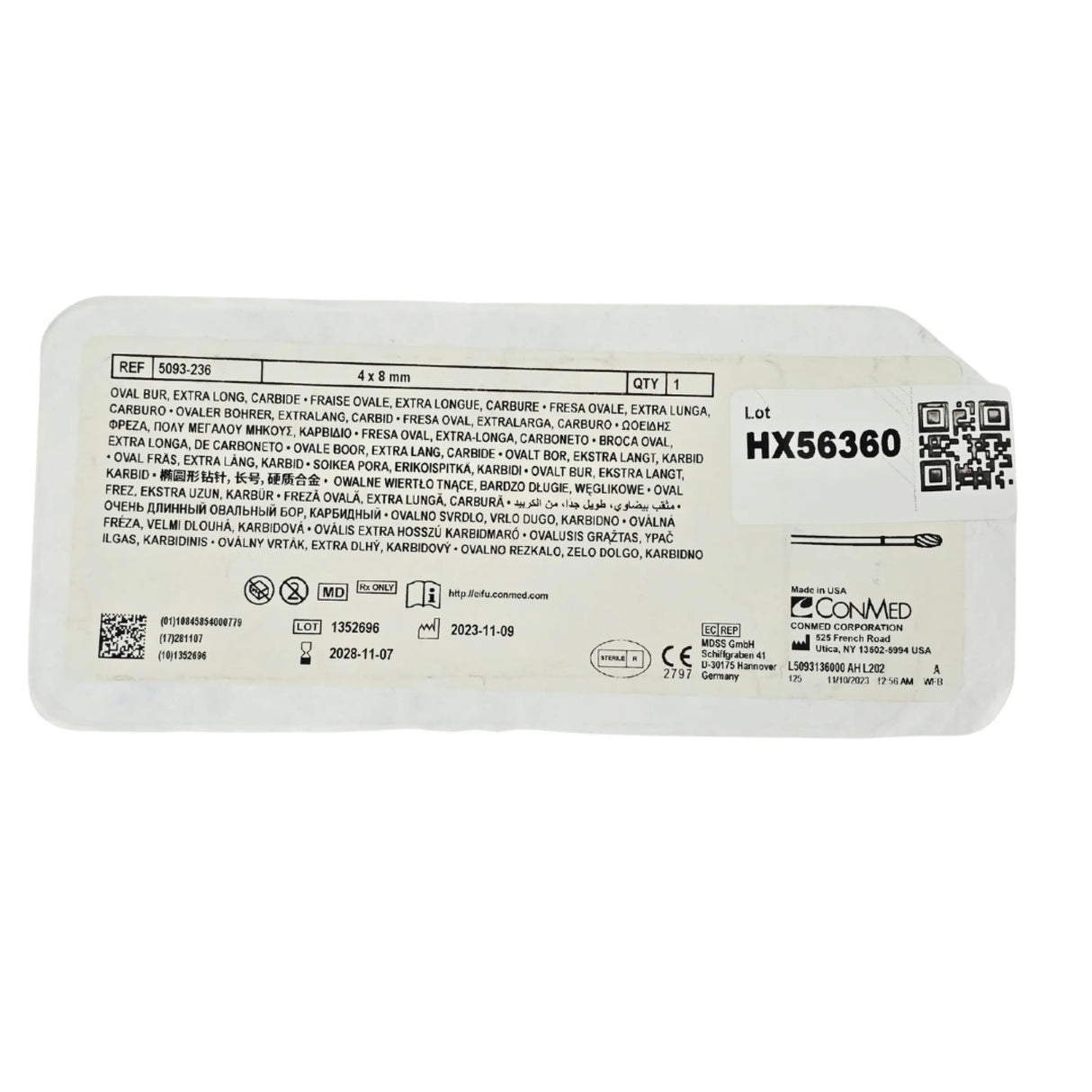 Conmed Linvatec 5093-236 Hall Micro Oval Cutting Bur, Extra Long, 4.0 mm x 8.0 mm (95 mm Length) - New / Sterile ConMed