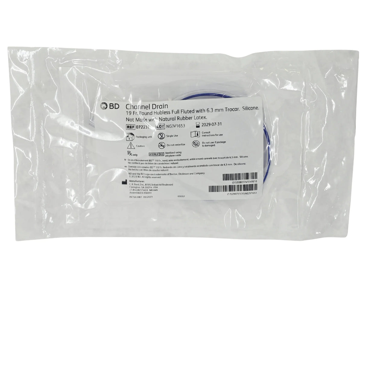 Bard 072231 Silicone Channel Drain, 19 Fr Round Hubless with 6.3 mm Trocar - New / Sterile Bard