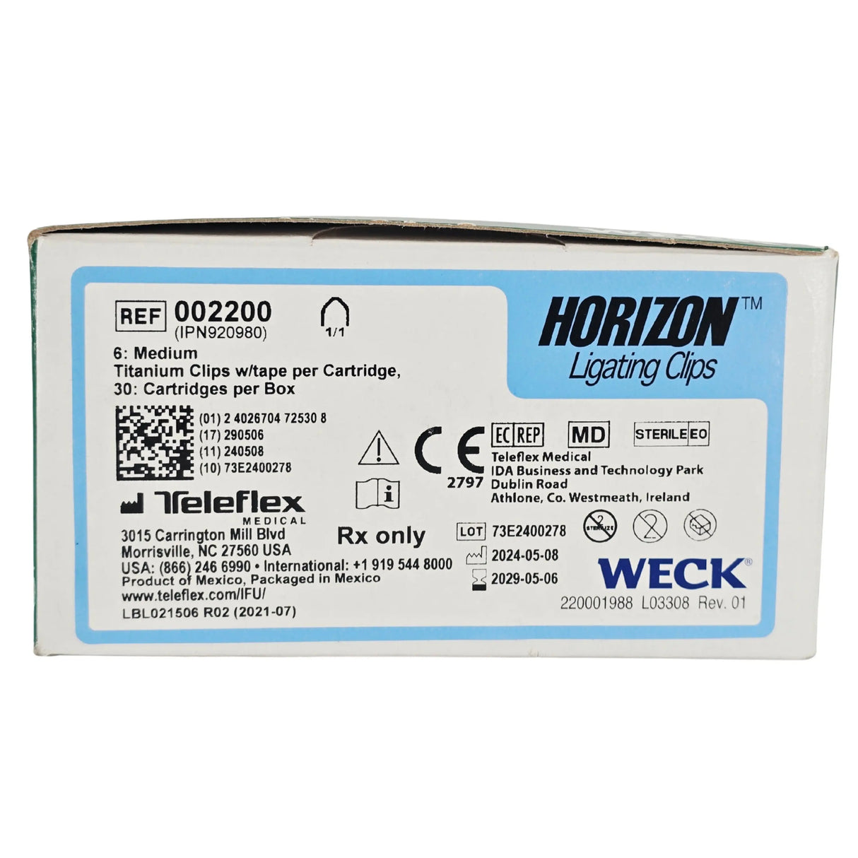 Teleflex IPN920980 Weck Horizon Titanium Ligating Clips, Medium - Box of 180 (30 Cartridges) 002200 Teleflex