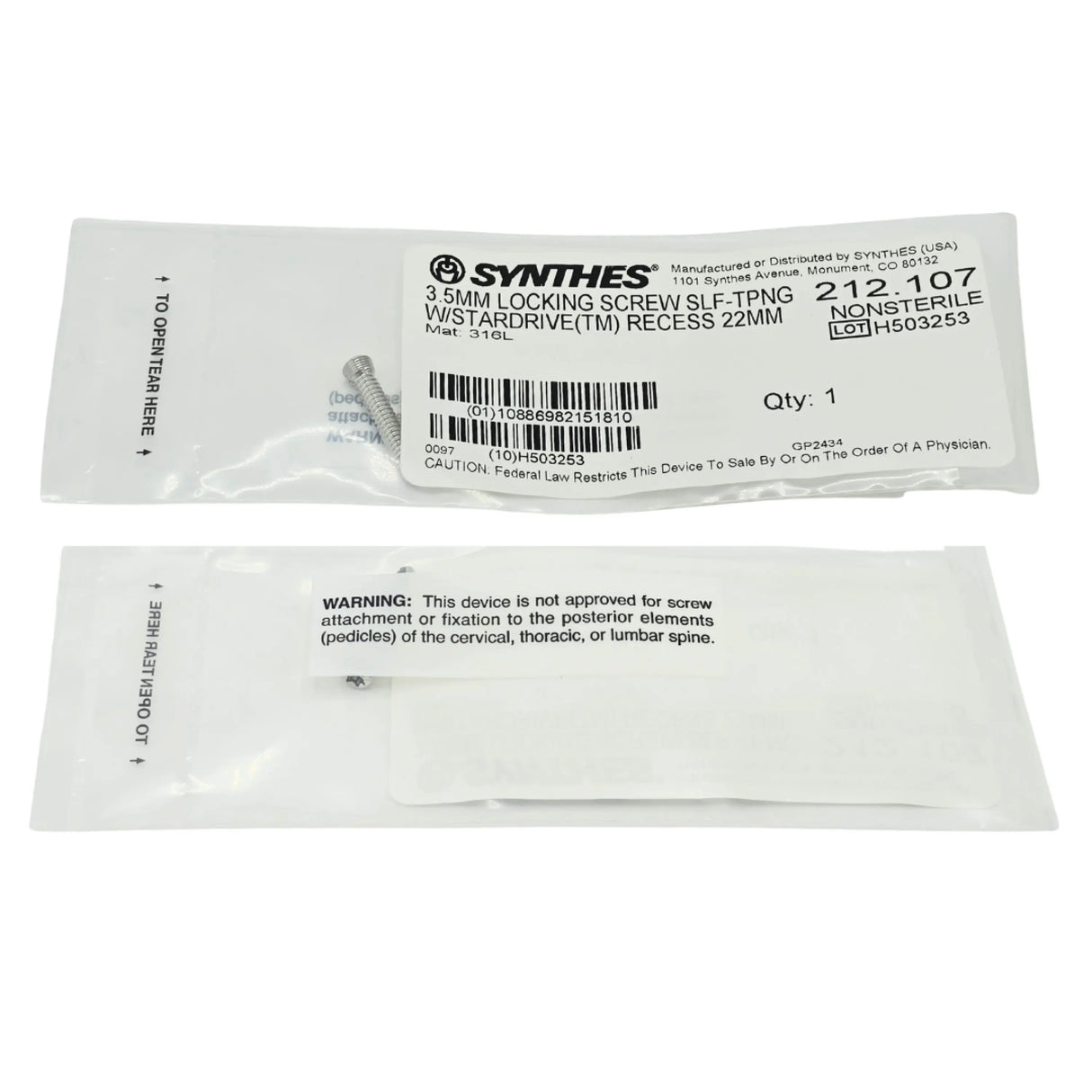 Synthes 212.107 3.5mm Self-Tapping Locking Screw (22mm Length, T15 StarDrive, Stainless Steel) - New Synthes