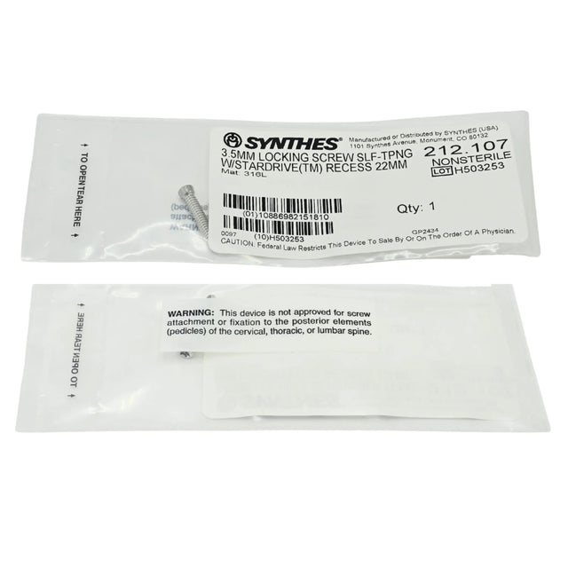 Synthes 212.107 3.5mm Self-Tapping Locking Screw (22mm Length, T15 StarDrive, Stainless Steel) - New Synthes