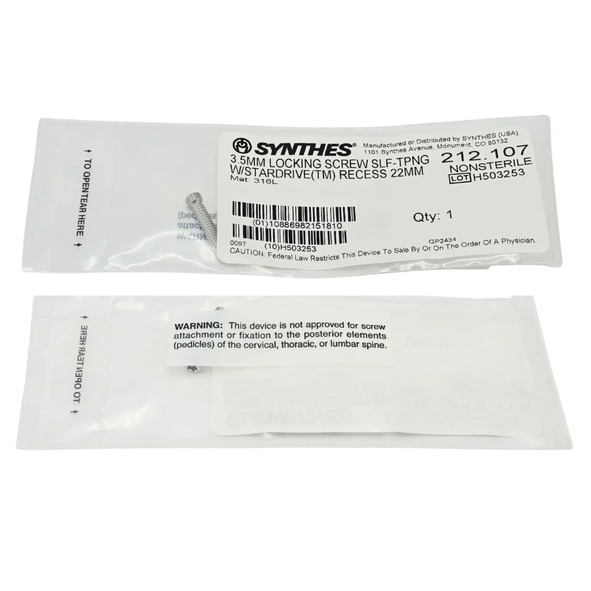 Synthes 212.107 3.5mm Locking Screw 22mm T15 StarDrive