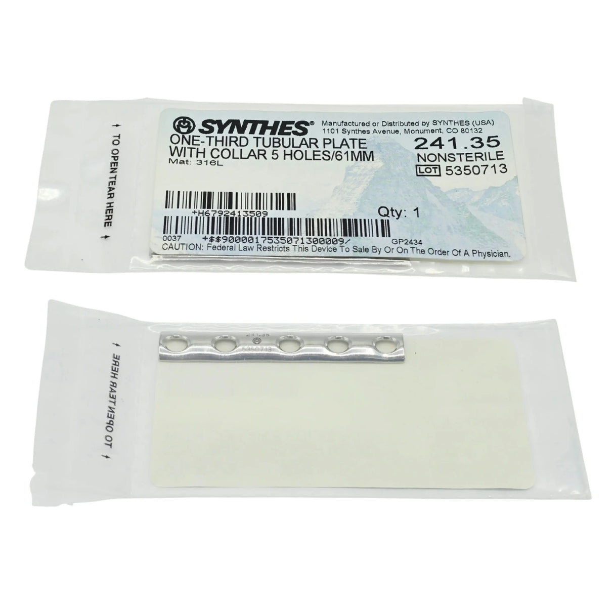 Synthes 241.35 3.5mm One-Third Tubular Plate with Collar (5 Holes, 61mm, Stainless Steel) - New Synthes