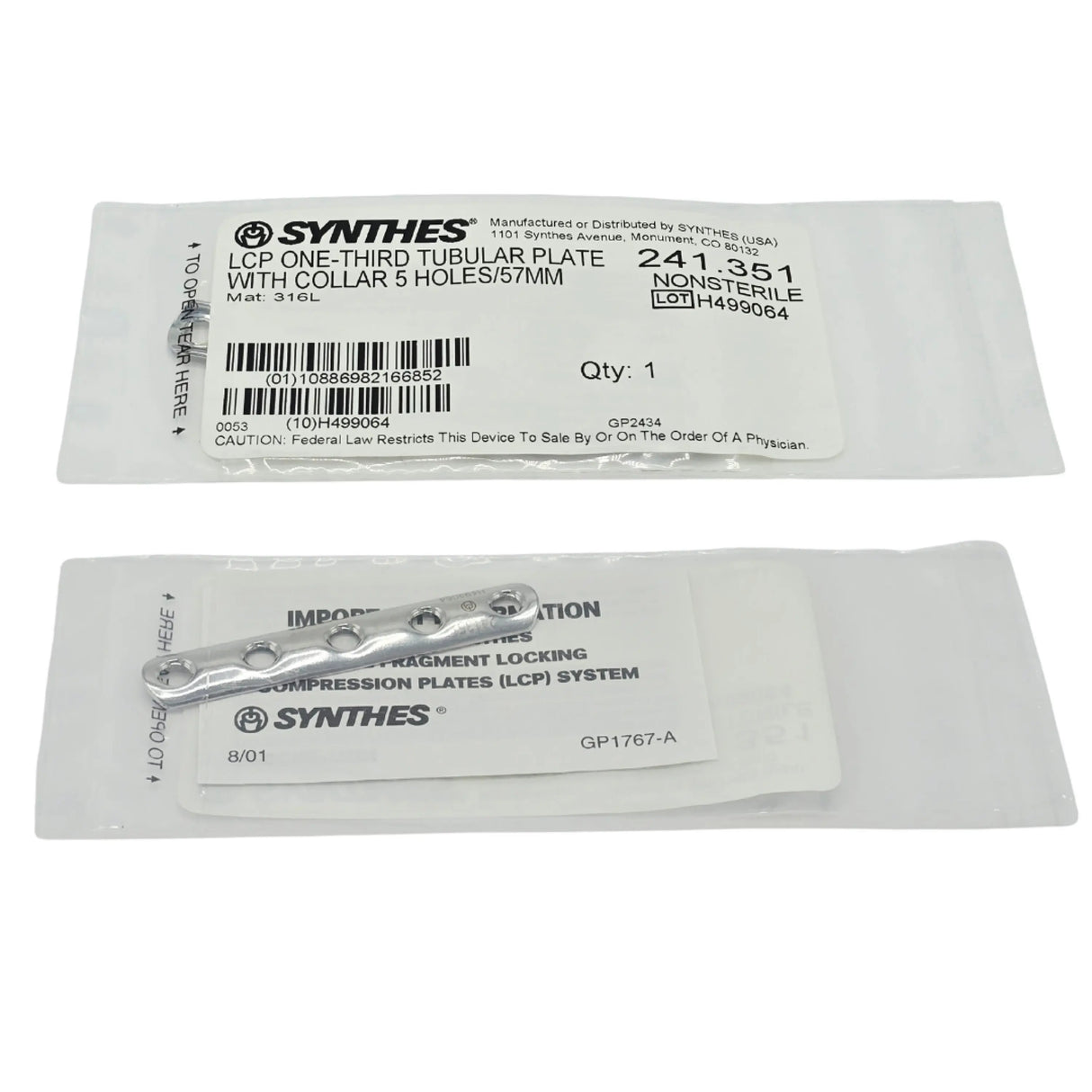 Synthes 241.351 3.5mm One-Third Tubular Plate with Collar (5 Holes, 57mm, Titanium) - New Synthes