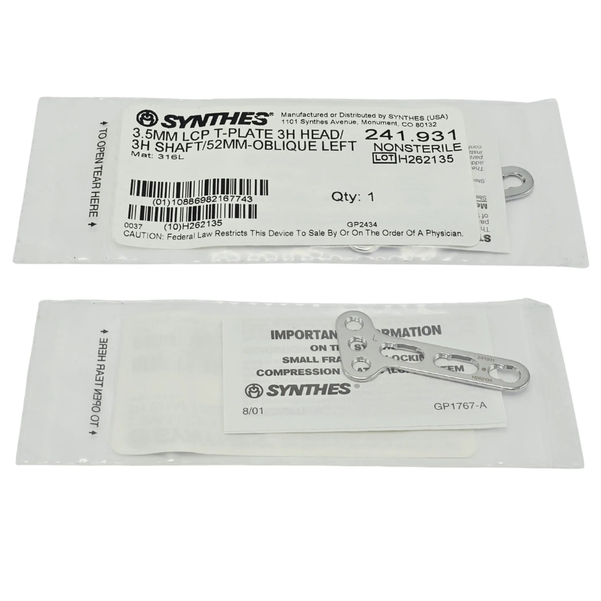 Synthes 241.931 3.5mm Oblique Left LCP T-Plate (3 Shaft Holes, 52mm, Stainless Steel) - New Synthes