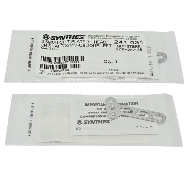 Synthes 241.931 3.5mm Oblique Left LCP T-Plate (3 Shaft Holes, 52mm, Stainless Steel) - New Synthes