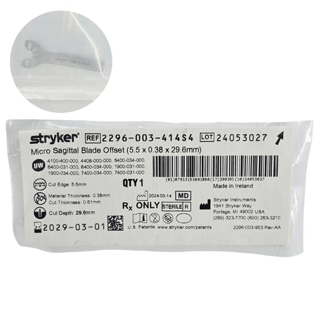 Stryker medical instrument packaging with blade details on a white background