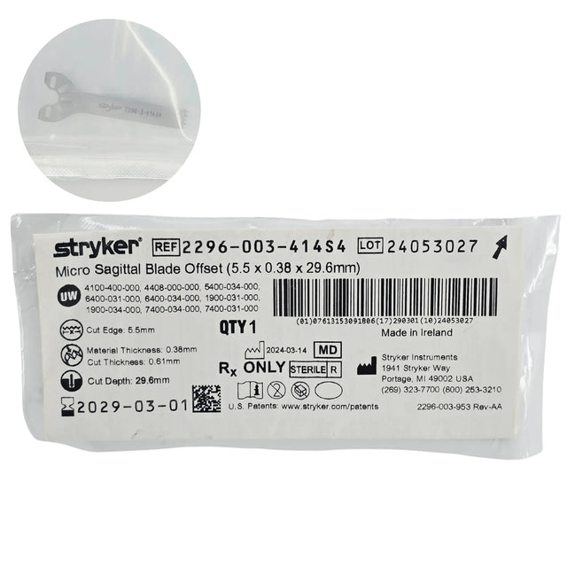 Stryker medical instrument packaging with blade details on a white background