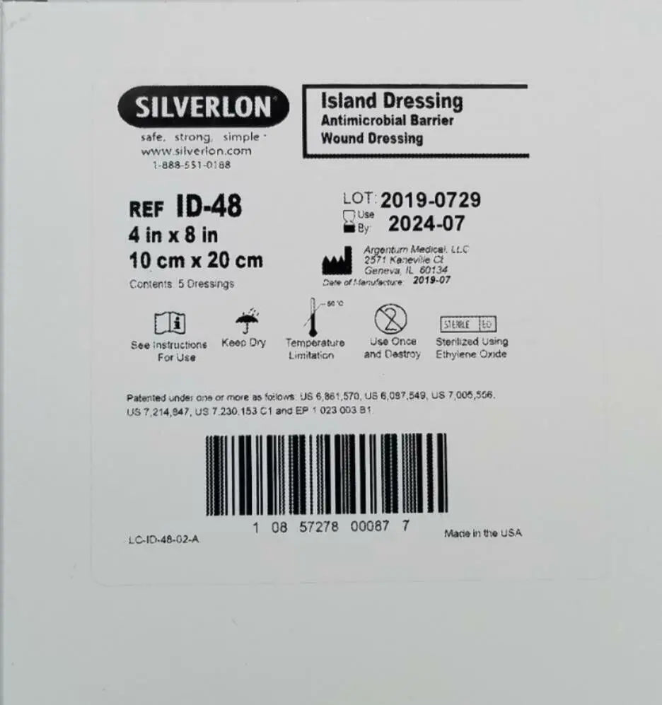 Silverlon ID-48 Antimicrobial Barrier Wound Dressing 4" x 8" Box of 5 Silverlon
