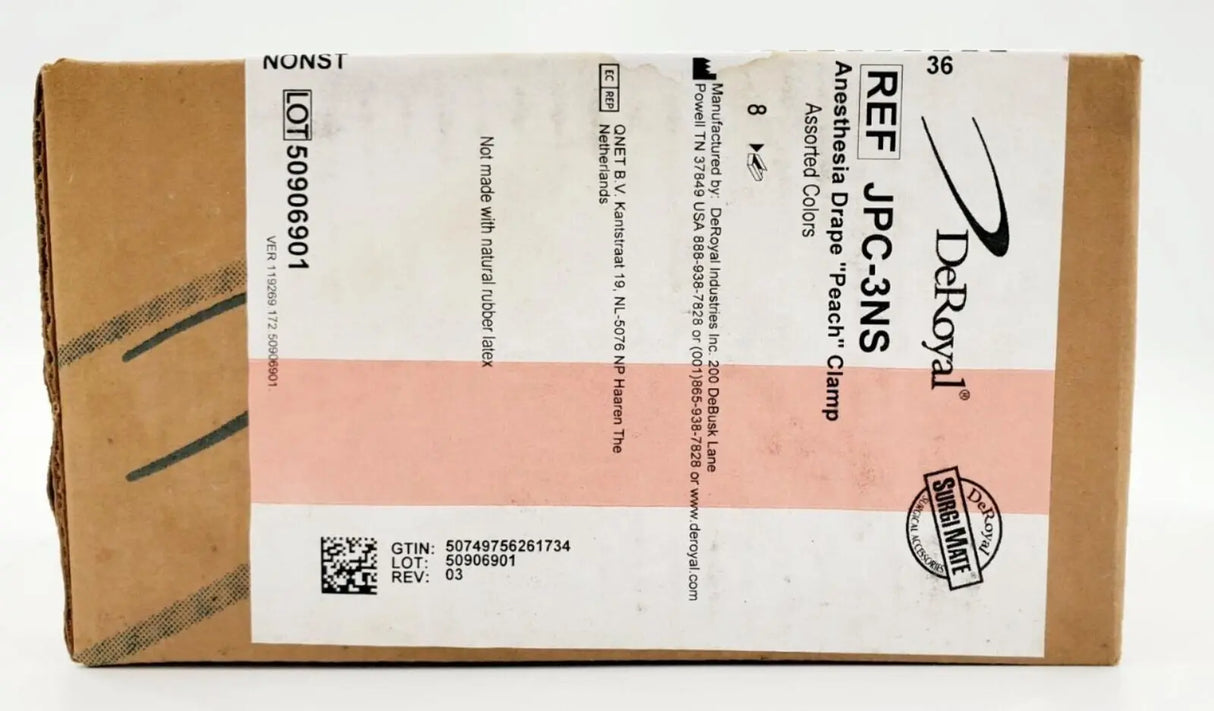 DeRoyal JPC-3NS Anesthesia Drape Peach Clamp Assorted Colors Box of 8 DeRoyal