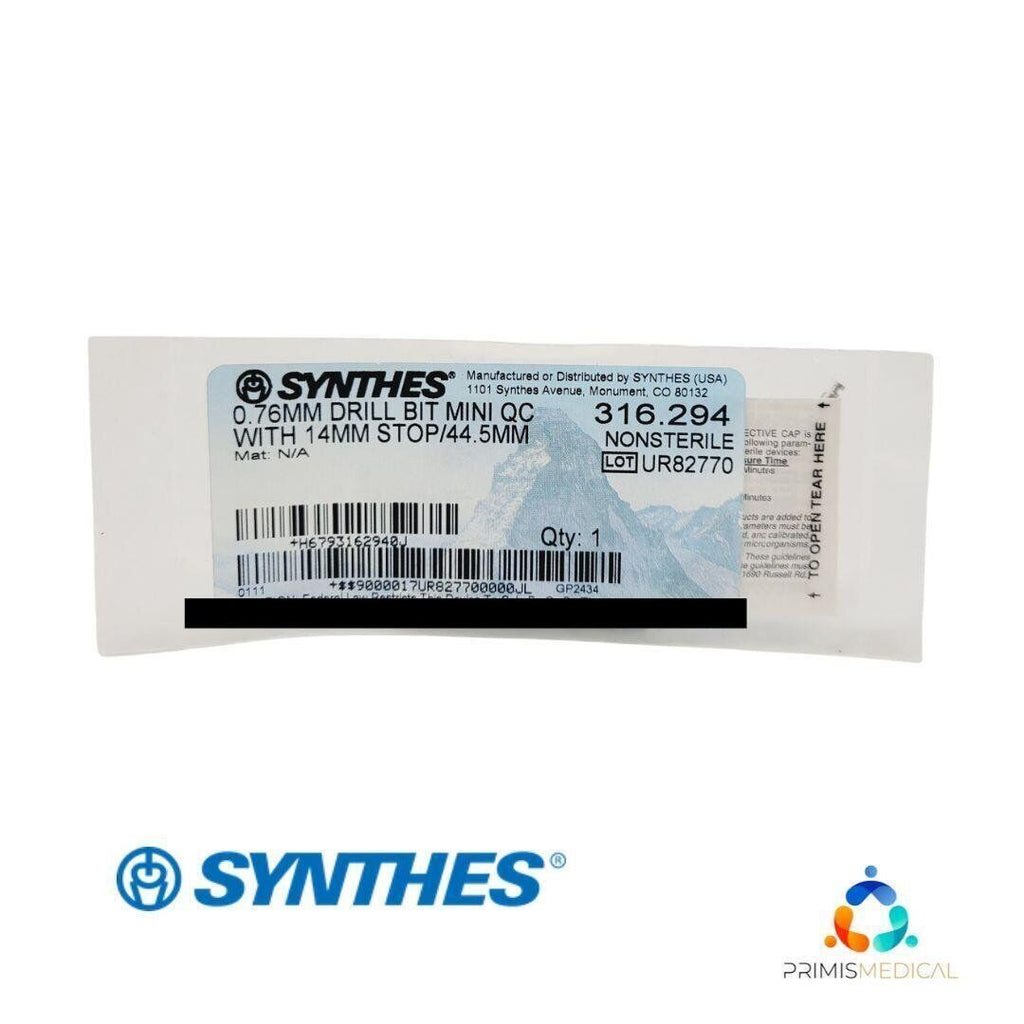 Synthes 316.294 Drill Bit Mini Quick Connect w/ 14mm Stop 44.5mm New