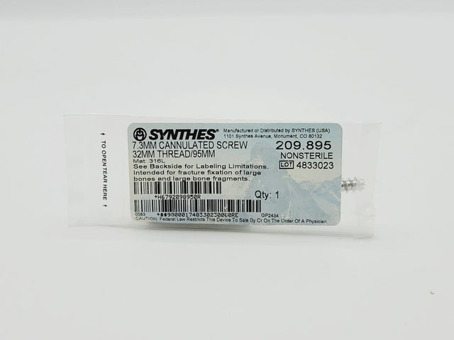 Synthes 209.895 7.3mm Cannulated Screw 32mm Thread/95mm Synthes