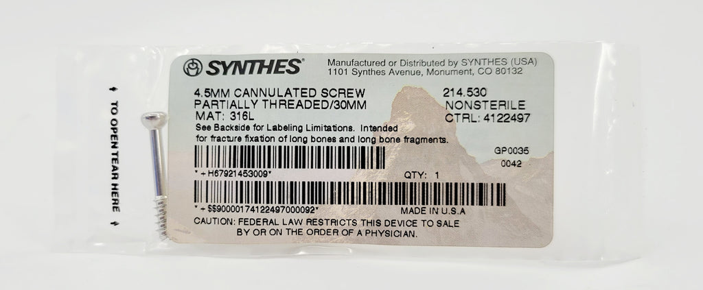 Synthes 214.530 4.5mm Cannulated Screw Partially Threaded/30mm